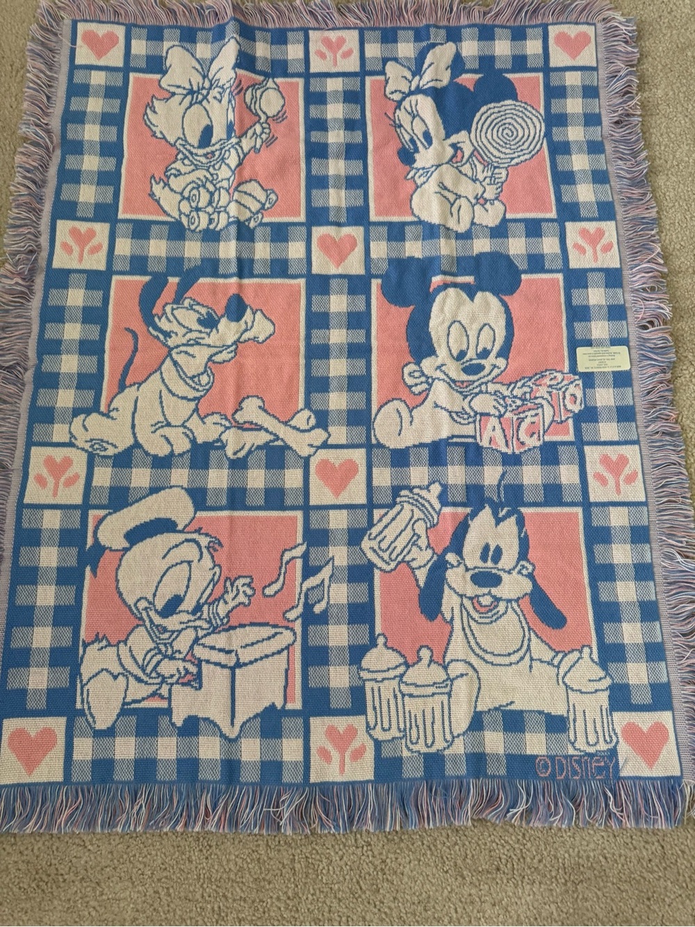 Vintage 1994 Avon Disney Baby Characters Woven Throw Blanket Pink Blue Fringe - Picture 1 of 7